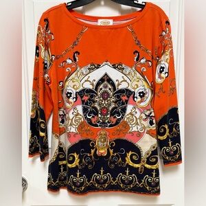 Talbot’s Orange and Dk Navy versace-like printed top